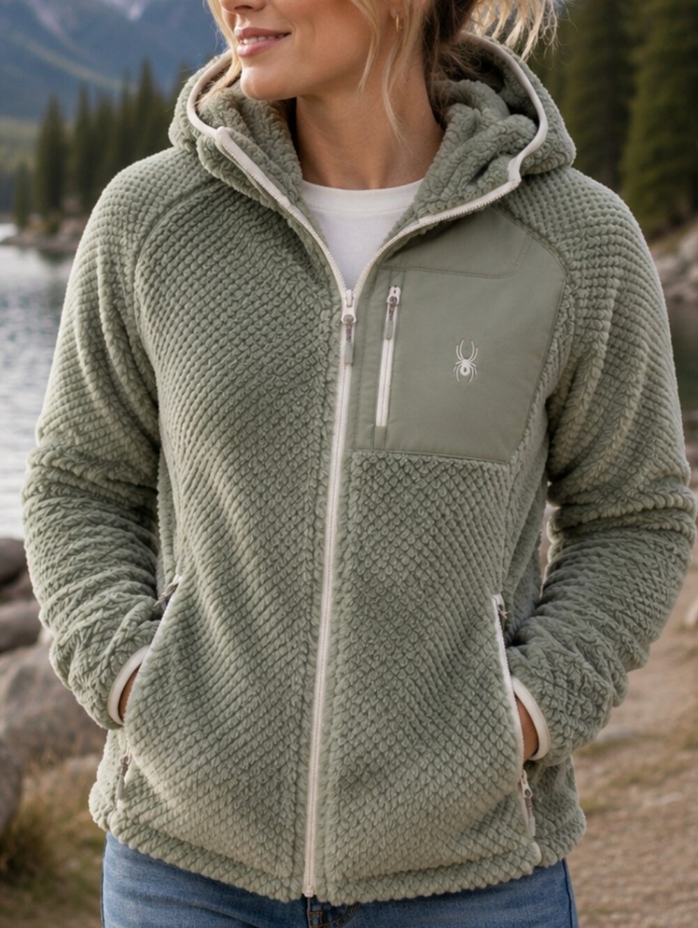Spyder women Fur hoodie wind resistant Sage